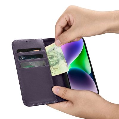11. iCarer Wallet Case 2in1 etui iPhone 14 skórzany pokrowiec z klapką Anti-RFID ciemnofioletowy (WMI14220725-DP)