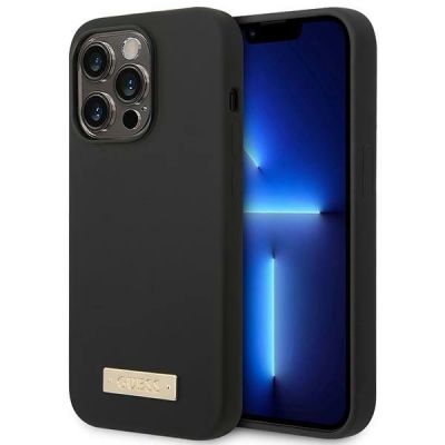 Etui Guess Silicone Logo Plate MagSafe na iPhone 14 Pro - czarne