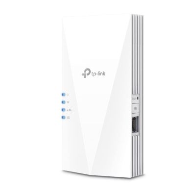4. Wzmacniacz sygnału TP-Link AX3000 Wi-Fi 6, szybkość 574 Mb/s w paśmie 2,4 GHz + 2402 Mb/s w paśmie 5 GHz, spec: 2 anteny wewnętrzne, 1 port gigabitowy, dwurdzeniowy procesor Qualcomm 1,0 GHz, 1024 QAM, HE160 dla 5 GHz, wall plugged, funkcja: aplikacja