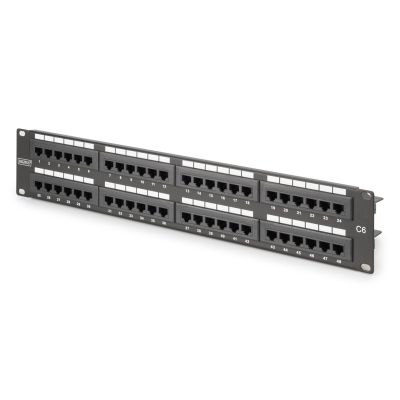 Digitus Panel krosowy (patch panel) 19'' 48x RJ45, LSA pion, kat.6, nieekranowany, 2U, czarny, prowadnica kabli, pola opisowe