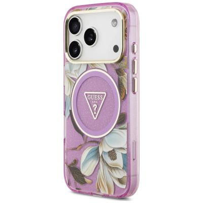 2. Etui Guess IML Glitter Flowers Triangle MagSafe na iPhone 18 Pro Max / 17 Pro Max - fioletowe