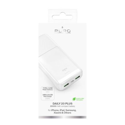 3. Powerbank Puro DAILY 20 PLUS 20000mAh 2x USB-A / 1x USB-C 22.5W PD AFC - biały