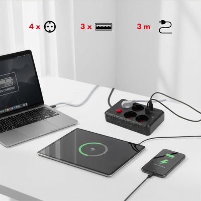 8. MACLEAN LISTWA ZASILAJĄCA, PRZEDŁUŻACZ 4 GNIAZDA + 3XUSB, 110-240V AC 50/60HZ, 2.1A MAX 2500W, 3M, CZARNA, MCE393 B