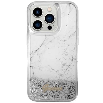 3. Etui Guess Liquid Glitter Marble na iPhone 14 Pro - białe
