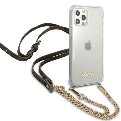 4. Etui Guess 4G Brown Strap Gold Chain na iPhone 12 / iPhone 12 Pro - przezroczyste
