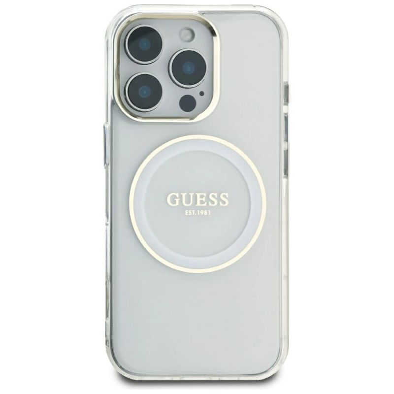 3. Etui Guess IML Metal Colored Circle Classic Logo MagSafe na iPhone 16 Pro Max - białe