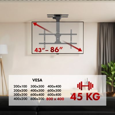 10. Uchwyt elektryczny do TV Maclean, sufitowy, obsługa Tuya, max. VESA 800x400, dla TV 43-86", max. 45kg, MC-110 T