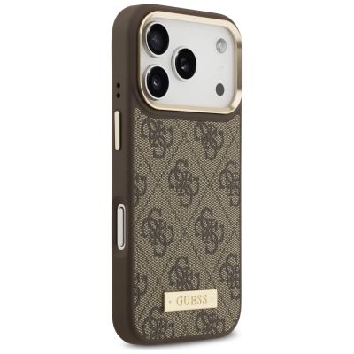 4. Etui Guess 4G Logo Plate MagSafe na iPhone 17 Pro - brązowe