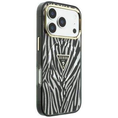 4. Etui Guess IML Zebra Glitter Triangle Logo MagSafe na iPhone 17 Pro Max / 18 Pro Max  - srebrne