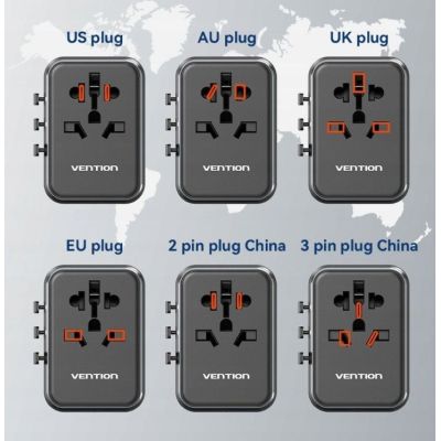 13. Uniwersalny adapter podróżny z ładowarką Vention 65W GaN 2x USB-A 2x USB-C czarny