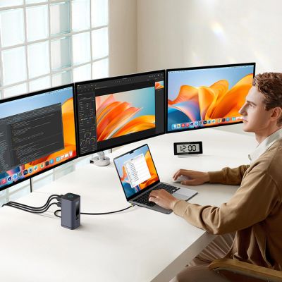 8. Stacja dokująca Baseus Spacemate hub USB-C 11w1 3xHDMI 4K 60Hz + 2xUSB-A (10Gb/s) + 1xUSB-C (10Gb/s) + RJ45 + 2xUSB-A (480Mb/s) + 1xUSB-C (PD) + 1xMinijack 3,5mm - szara