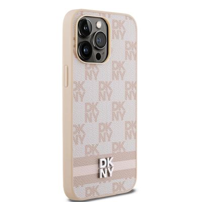 4. Etui DKNY Leather Checkered Mono Pattern & Printed Stripes na iPhone 14 Pro Max - różowe