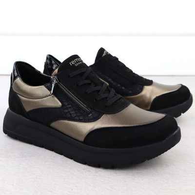 3. Komfortowe półbuty damskie czarno-złote Remonte D2V02-04