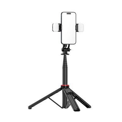 15. Selfie stick WC12YDS teleskopowy tripod 1.3m ze stopu aluminium z podwójną lampą i uchwytem na telefon - czarny