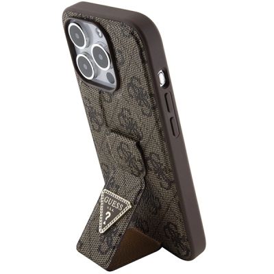 2. Etui Guess Grip Stand 4G Triangle Strass na iPhone 15 Pro - brązowe