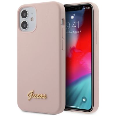 Etui Guess Silicone Script Gold Logo na iPhone 12 mini - jasnoróżowe