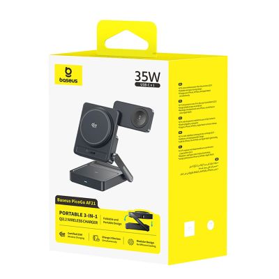 6. Ładowarka bezprzewodowa Baseus PicoGo AF21 3w1 Qi2.2 35W z zasilaczem EU 45W i kablem USB-C 1m - czarna