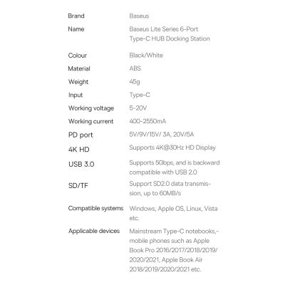 21. Baseus Lite Series wielofunkcyjny HUB USB Typ C - 2 x USB 3.0 / USB Typ C PD / HDMI 1,4 / SD/TF czarny (WKQX050101)