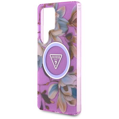 6. Etui Guess Glitter Flowers Triangle Buttons MagSafe na Samsung Galaxy S25 Ultra - fioletowe