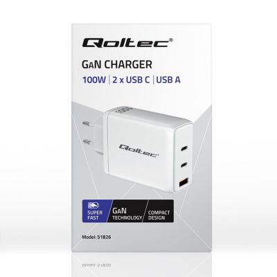 8. Qoltec Ładowarka sieciowa 100W GaN  | 5-20V | 1.5-5A | 2 x USB-C PD | 1 x USB QC 3.0 | Biała