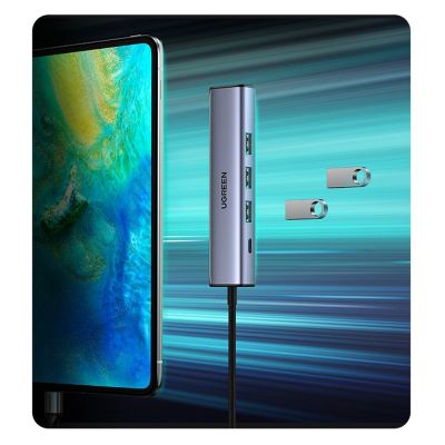 16. Ugreen wielofunkcyjny adapter HUB USB 3.0 - 3 x USB / Ethernet RJ-45 / USB Typ C PD szary (CM475)