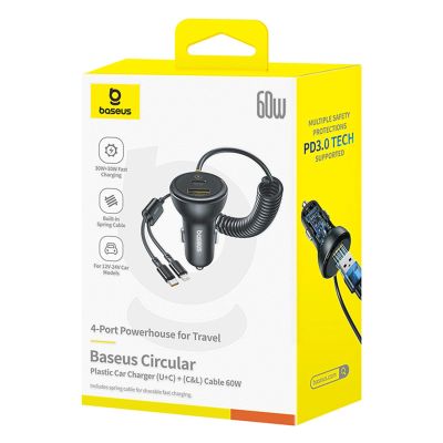 7. Ładowarka samochodowa Baseus Circular 60W USB-A + USB-C z wbudowanym kablem Lightning + USB-C 1,4 m - czarna