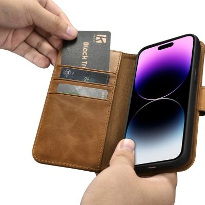 12. iCarer Oil Wax Wallet Case 2in1 etui iPhone 14 Pro skórzany pokrowiec z klapką Anti-RFID brązowy (WMI14220722-TN)