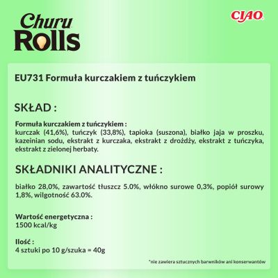 7. INABA Churu Rolls Tuńczyk z kurczakiem  - przysmak dla kota - 4x10 g