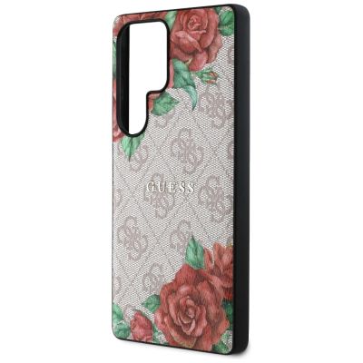 6. Etui Guess Leather 4G Flowers Print Metal Classic Logo MagSafe na Samsung Galaxy S25 Ultra - różowe