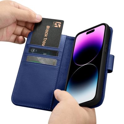16. iCarer Wallet Case 2in1 etui iPhone 14 Pro skórzany pokrowiec z klapką Anti-RFID niebieski (WMI14220726-BU)