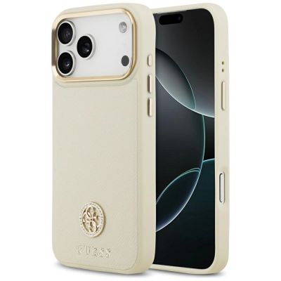 Etui Guess Grained Strass Logo MagSafe na iPhone 17 Pro Max - beżowe