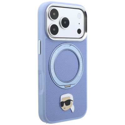 4. Etui Karl Lagerfeld with Ring Stand 360 Karl Head Pin MagSafe na iPhone 18 Pro / 17 Pro - jasnoniebieskie