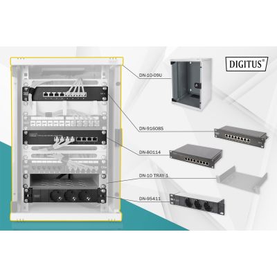 Zestaw sieciowy 10": szafa wisząca 9U, półka, listwa zasilająca, 8-port switch, panel kat.6, szary