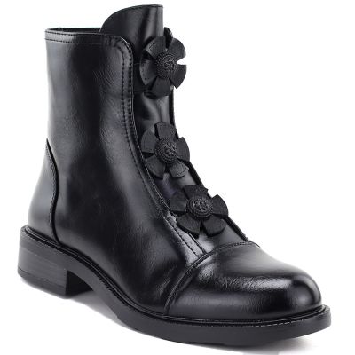 Botki damskie z ozdobnymi kwiatkami ocieplane czarne Potocki SZ12852