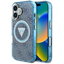 Etui Guess IML Metal Glitter 4G Circle Triangle MagSafe na iPhone 16 - niebieskie