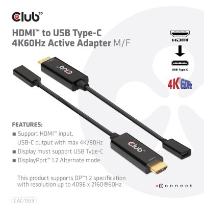 3. CLUB 3D CAC-1333 adapter kablowy 0,22 m HDMI Typu A (Standard) USB Type-C Czarny
