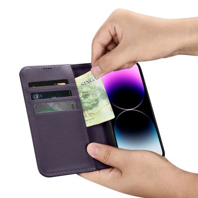 11. iCarer Wallet Case 2in1 etui iPhone 14 Pro skórzany pokrowiec z klapką Anti-RFID ciemnofioletowy (WMI14220726-DP)