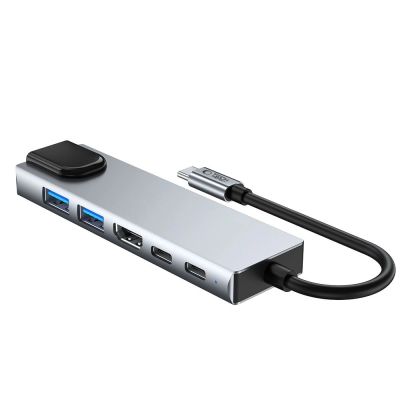 4. Adapter Tech-Protect HB02 HUB Adapter 6w1 USB-C + USB2.0 + USB3.0 + HDMI 4K 30Hz + RJ45 + PD100W - szary