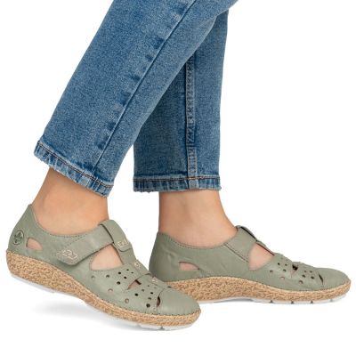 21. Półbuty damskie na rzep komfortowe ażurowe zielone Rieker 44852-52