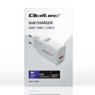8. QOLTEC ŁADOWARKA 45W GAN | 5-20V | 1.5-3A | 1XUSB-C PD | 1XUSB QC 3.0 | BIAŁA
