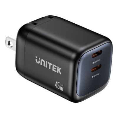31. UNITEK ŁADOW. SIECIOWA 2X GAN 45W, 2XUSB-C PD 3.0, QC, CZARNA