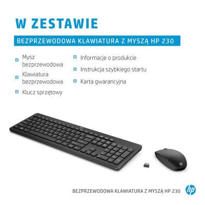 7. Zestaw klawiatura + mysz HP 230 Wireless Mouse and Keyboard Combo bezprzewodowe czarne 18H24AA#ABB