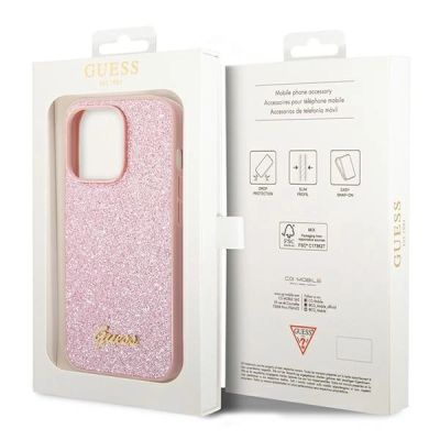 8. Etui Guess Glitter Script na iPhone 14 Pro - różowe