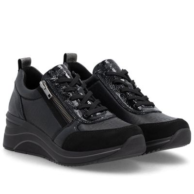 4. Półbuty damskie sneakersy na koturnie czarne Remonte Rieker D0T22-03