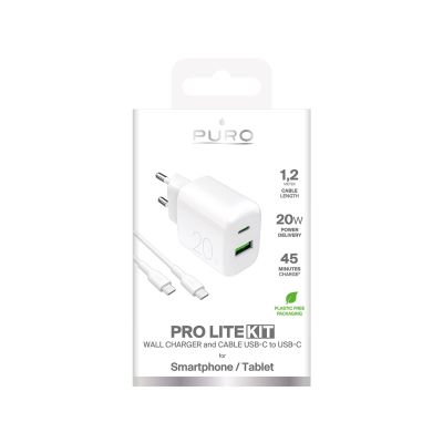2. Ładowarka sieciowa Puro PROLITE 20W USB-A / USB-C + kabel USB-C - USB-C 1.2m - biała