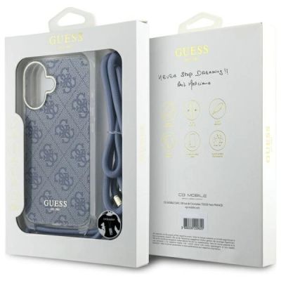 7. Etui Guess Crossbody Cord 4G Print ze smyczą na iPhone 16 - niebieskie
