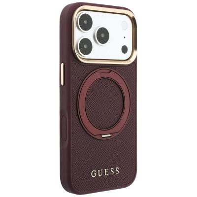 4. Etui Guess Ring Stand 360 Grained Classic Logo MagSafe na iPhone 18 Pro / 17 Pro - burgundowe