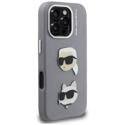 4. Etui Karl Lagerfeld FW Grained Karl & Choupette Heads Pins na iPhone 16 Pro Max - szare
