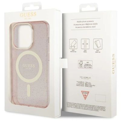 8. Etui Guess Glitter Gold MagSafe na iPhone 14 Pro - różowe
