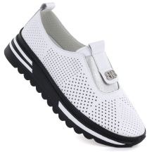 Skórzane półbuty damskie ażurowe na platformie białe S.Barski 7092